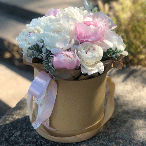 Пионы в шляпной коробке в Саках