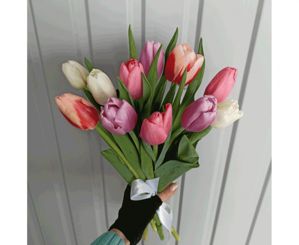 11 тюльпанов цвета микс, лента в Саках