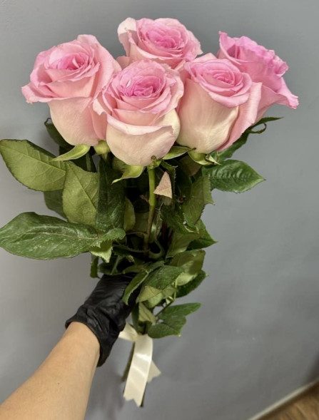 5 розовых роз, лента (Импортные) в Саках