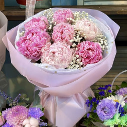 Букет 7 нежных пионов с гипсофилой