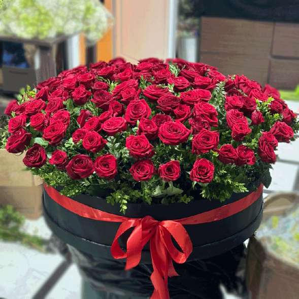 101 красная роза в шляпной коробке в Саках